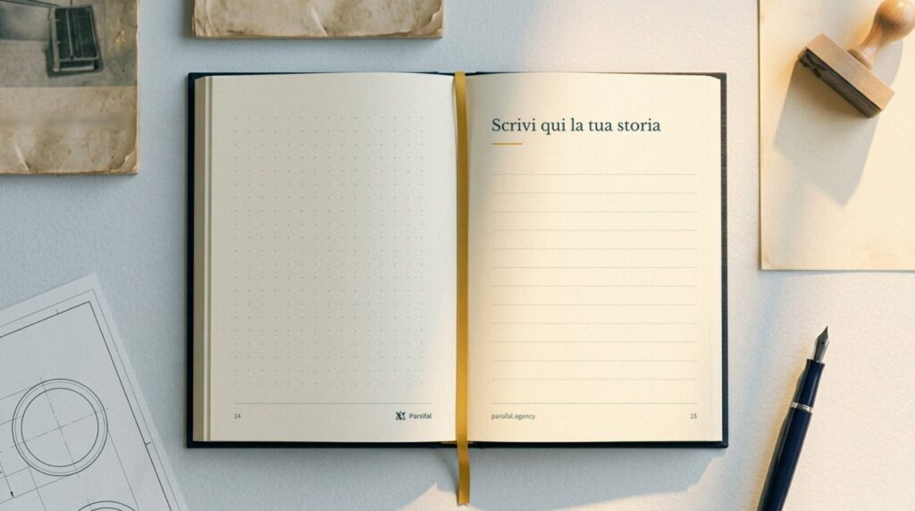 Un'agenda Parsifal aperta sul tavolo: su una pagina c'è scritto «Scrivi qui la tua storia»