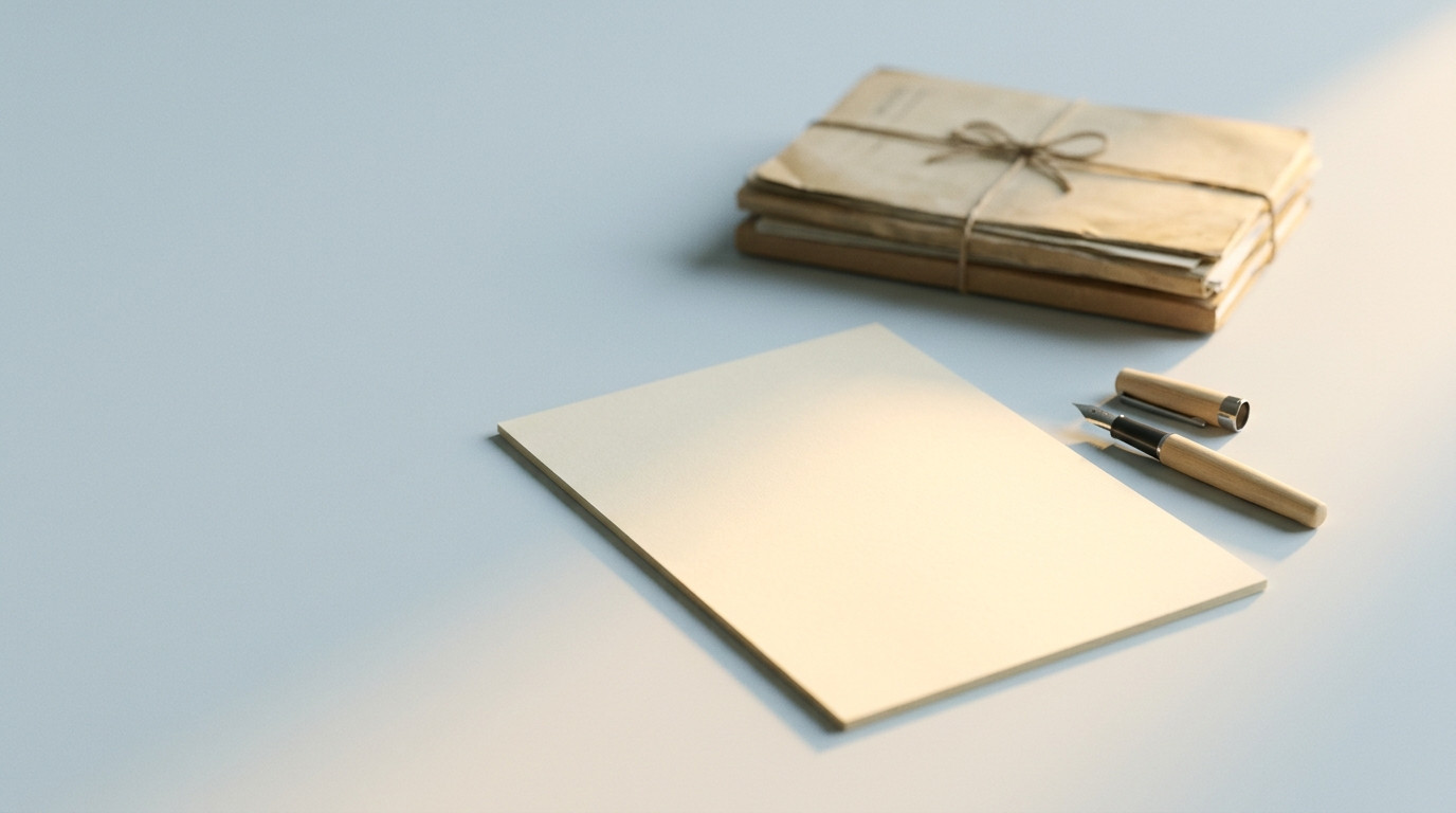 Un foglio bianco accanto a una stilografica e a cartelle d'archivio legate con lo spago