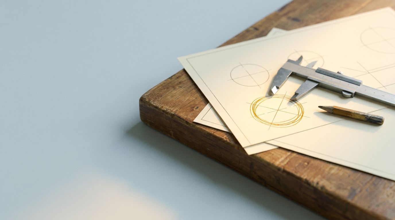 Un disegno tecnico con un cerchio a matita, un calibro e una matita consumata