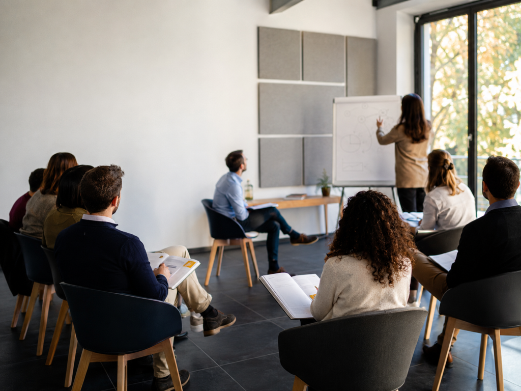 Aula delle Accademie Artù: i partecipanti seguono la docente al flipchart