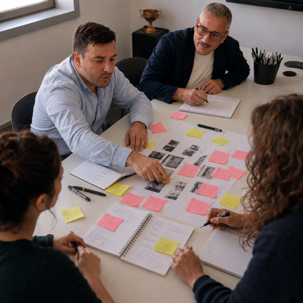Mappatura dell'identità: fotografie e post-it disposti sul tavolo durante una sessione di lavoro Parsifal
