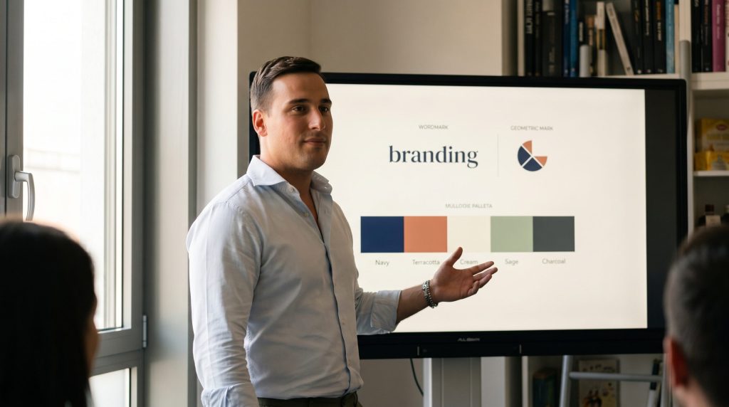 Presentazione del marchio: wordmark, simbolo geometrico e palette colori sullo schermo durante un incontro Parsifal