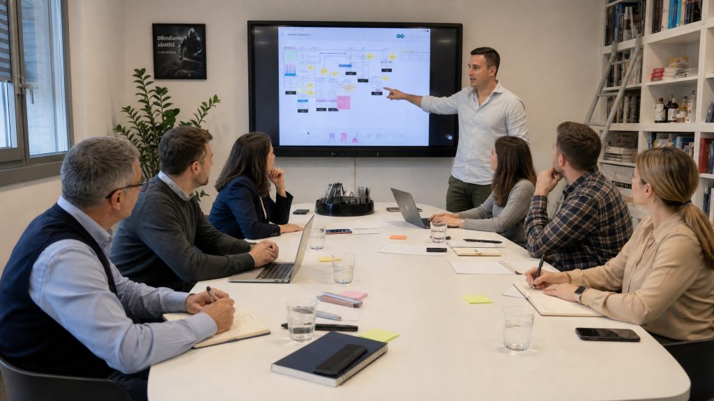 Workshop Parsifal: il team e i referenti dell'azienda attorno al tavolo, davanti alla mappa dell'identità di marca proiettata