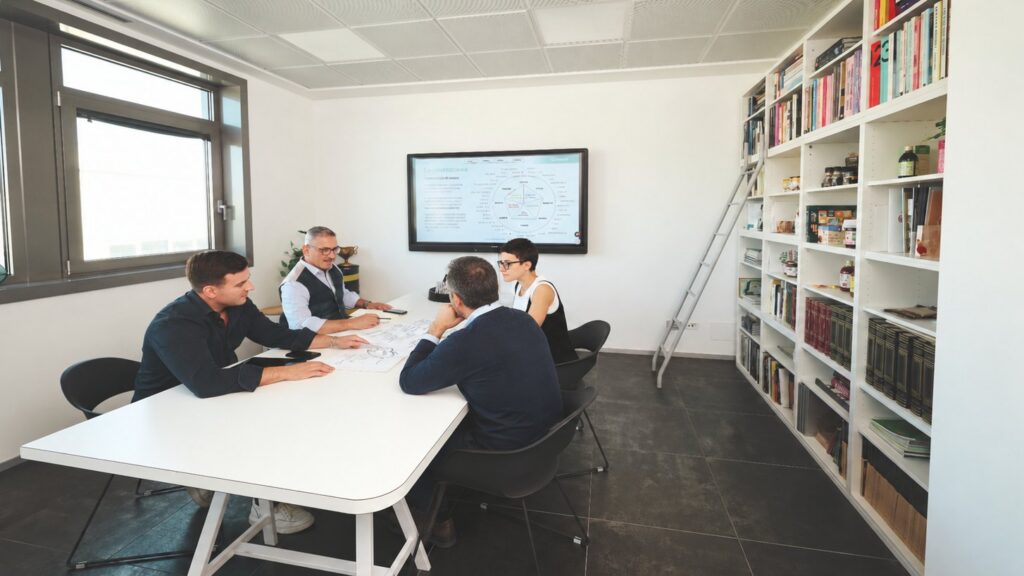 Sessione di lavoro Parsifal al tavolo della sala riunioni, con lo schema della personalità del brand sullo schermo (immagine ritoccata con l’intelligenza artificiale)